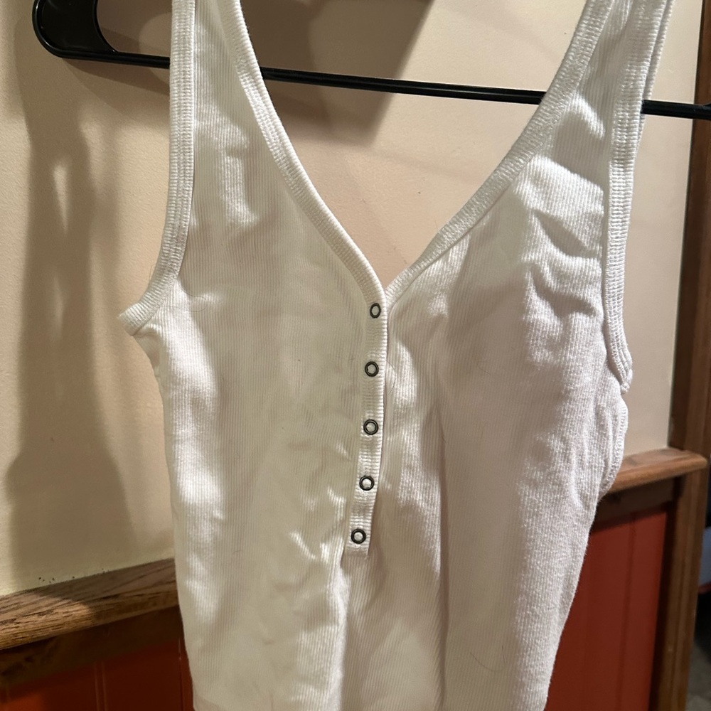 White Ribbed Tank Top with Button Detail